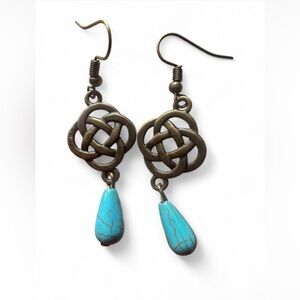 Handmade Antique Bronze Celtic Knot Earrings with Turquoise Drops